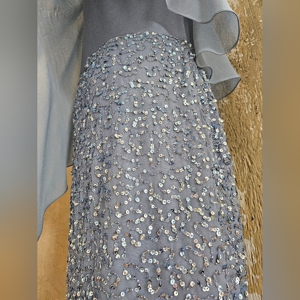 JKARA Blue Sequence Asymmetrical Cape/Shawl Flutter Sleeves Sheath Dress-Size 6P - Picture 4 of 9